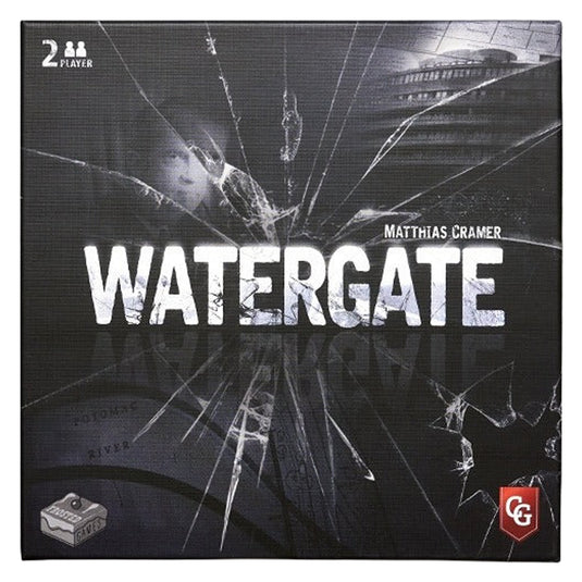Watergate Board Game - front of box with a cracked glass design and a person's face partially obscured.