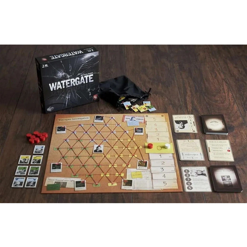 Load image into Gallery viewer, Watergate Board Game - box and game contents displayed including game board, draw bag, red tokens, and ame cards.
