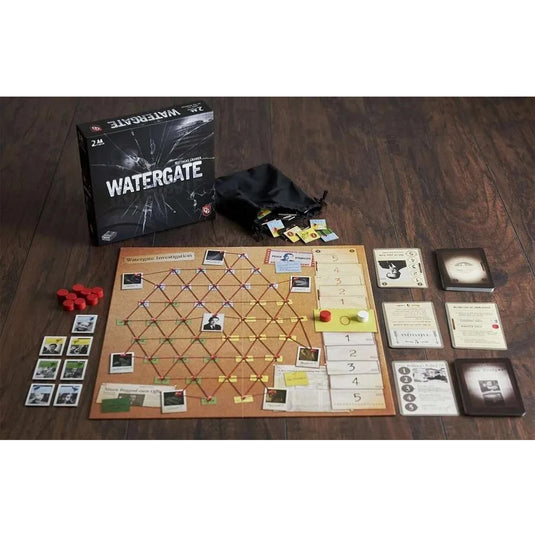 Watergate Board Game - box and game contents displayed including game board, draw bag, red tokens, and ame cards.
