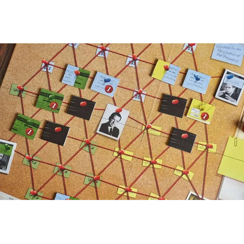 Load image into Gallery viewer, Watergate Board Game - view of game board with evidence and picture tiles. 
