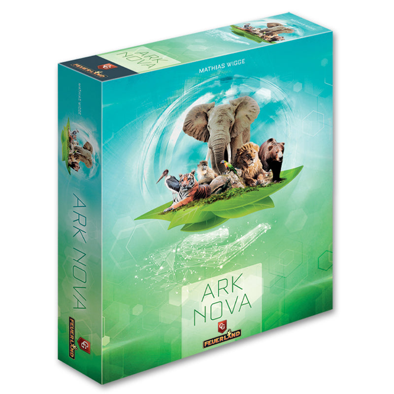 Load image into Gallery viewer, Ark Nova Board Game - front of box featuring images of animals including a tiger, an elephant, a lion, and a bear.
