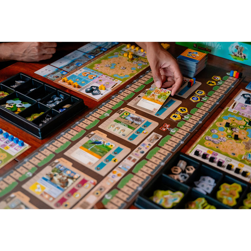 Load image into Gallery viewer, Ark Nova Board Game - setup game shown on coffee table including game cards, player bards, game tokens, and storage trays.
