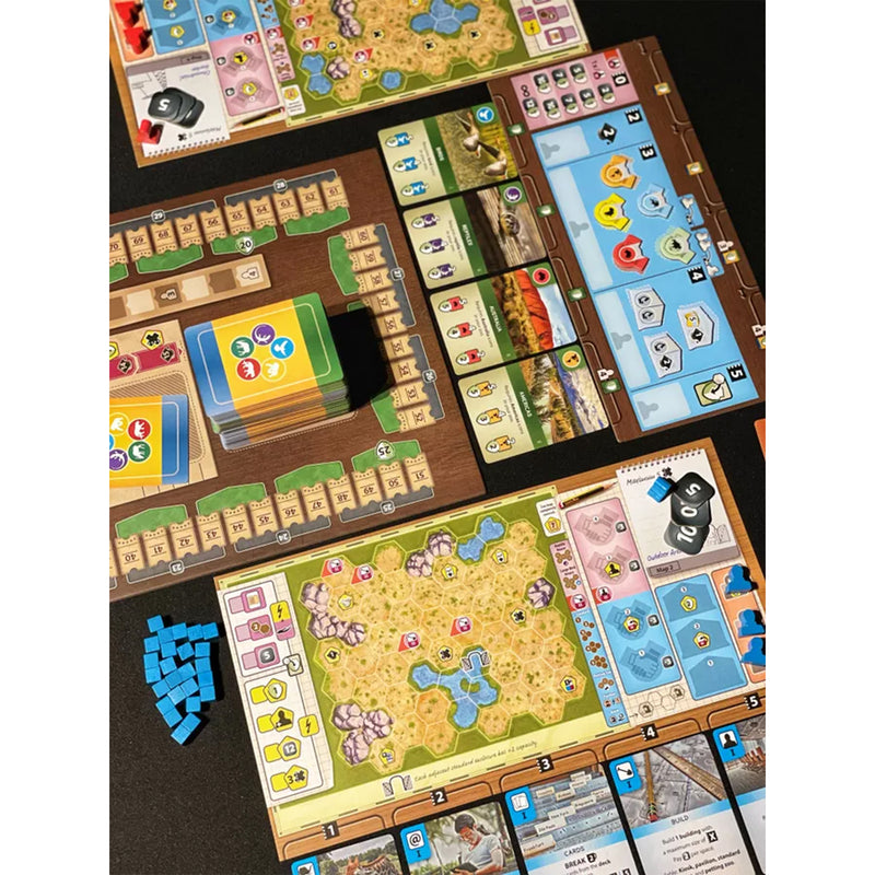 Load image into Gallery viewer, Ark Nova Board Game - setup game shown including game cards, player bards, game tokens, and storage trays.
