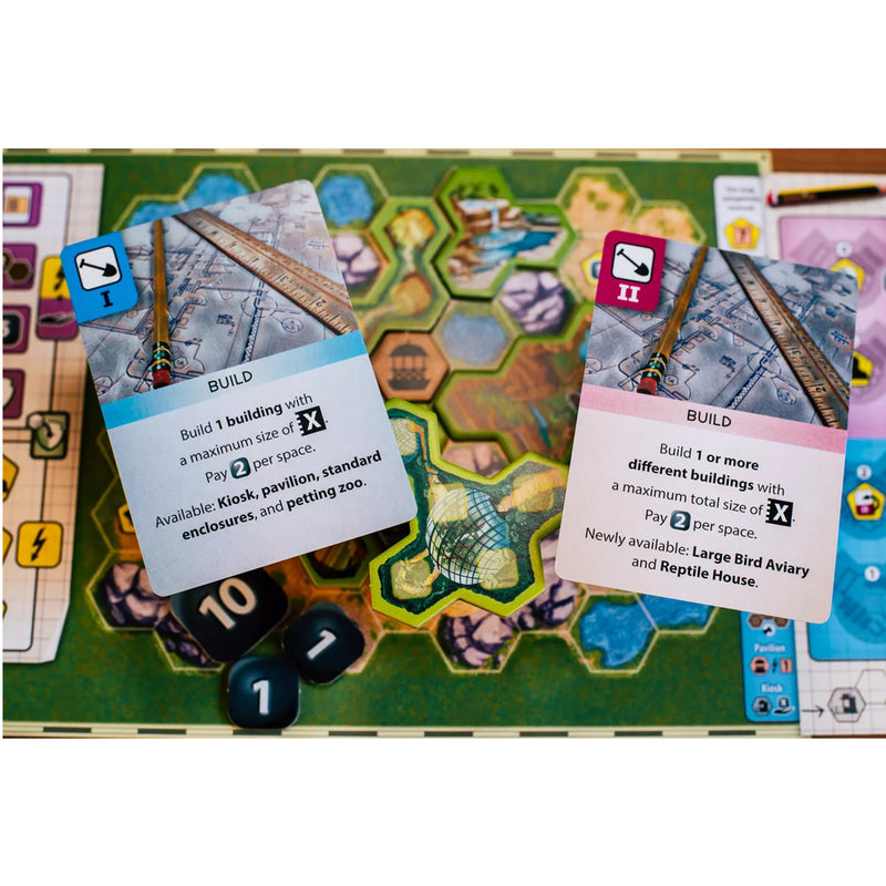 Load image into Gallery viewer, Ark Nova Board Game - sample 'Build' cards shown with costs per space and maximum size values.
