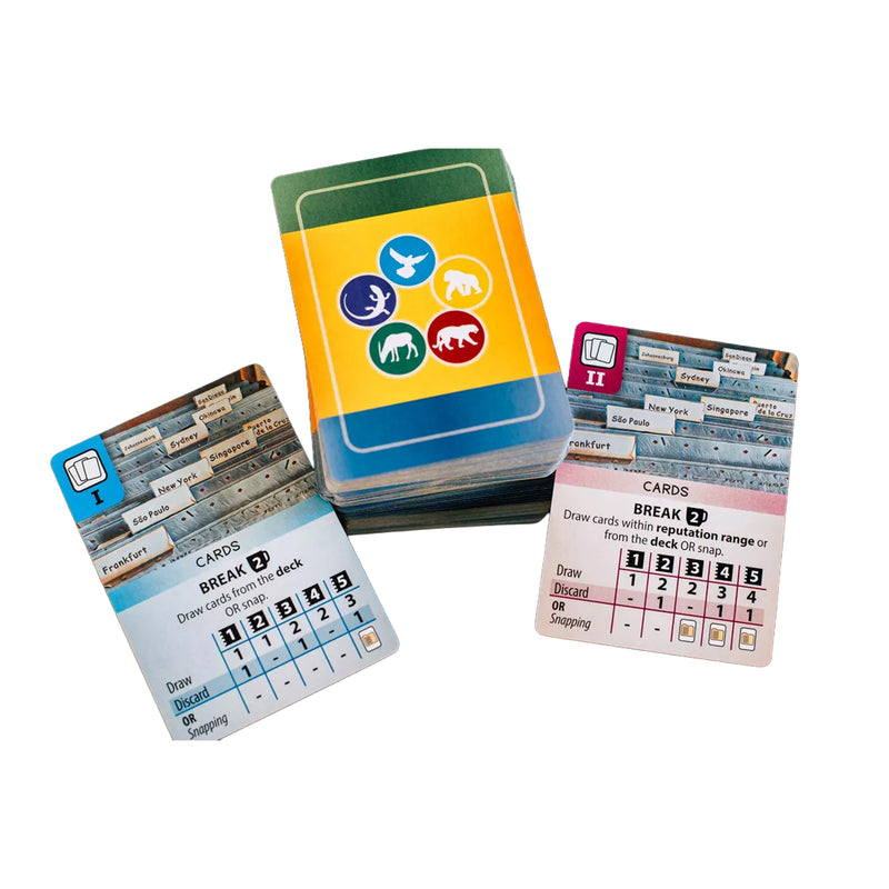 Load image into Gallery viewer, Ark Nova Board Game - sample 'Break' cards shown with options for drawing more cards. 
