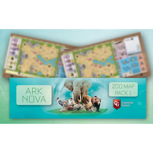 Ark Nova: Zoo Map Pack 1 Expansion - front of packaging with images of animals. 