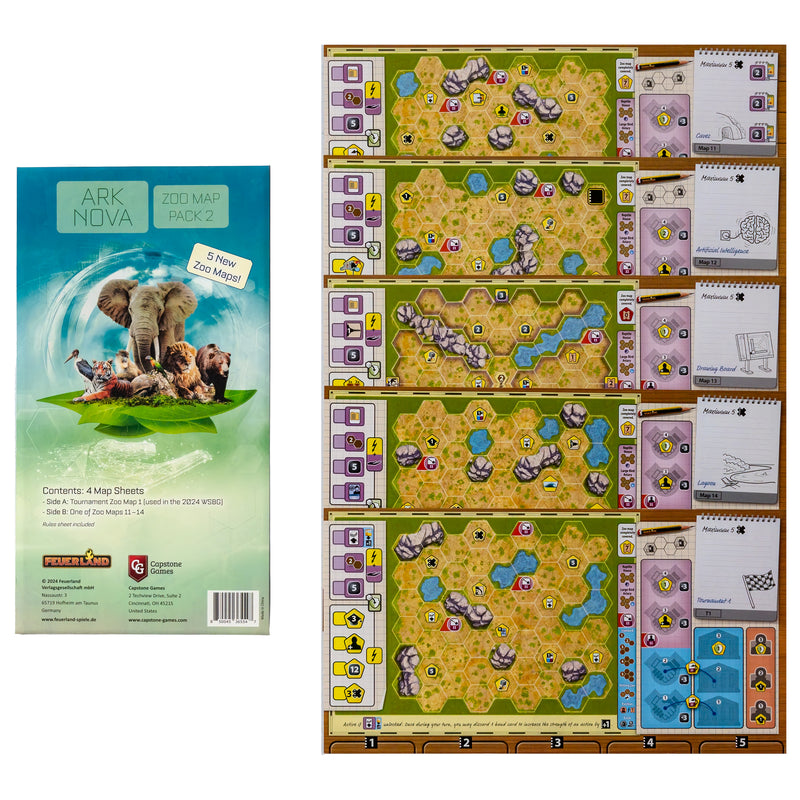 Load image into Gallery viewer, Ark Nova: Zoo Map Pack 2 - packaging and sample maps displayed.

