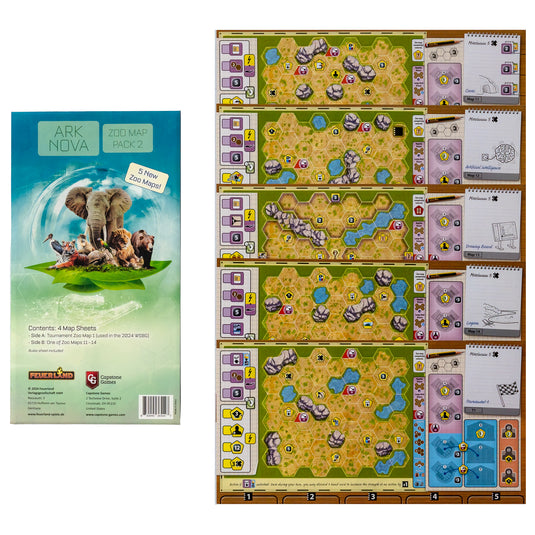 Ark Nova: Zoo Map Pack 2 - packaging and sample maps displayed.