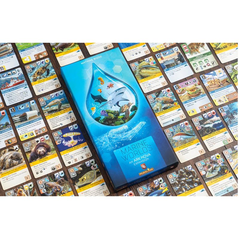 Load image into Gallery viewer, Ark Nova: Marine Worlds Expansion - box ad ample cards shown featuring images of different marine animals. 
