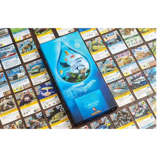 Ark Nova: Marine Worlds Expansion - box ad ample cards shown featuring images of different marine animals. 