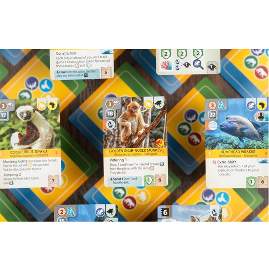 Ark Nova: Marine Worlds - sample cards shown with different animals and continent icons. 