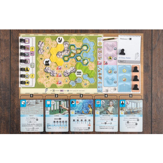 Ark Nova: Marine Worlds Expansion - sample components shown including game board with hex grid, hex tiles, meeples, and action cards.