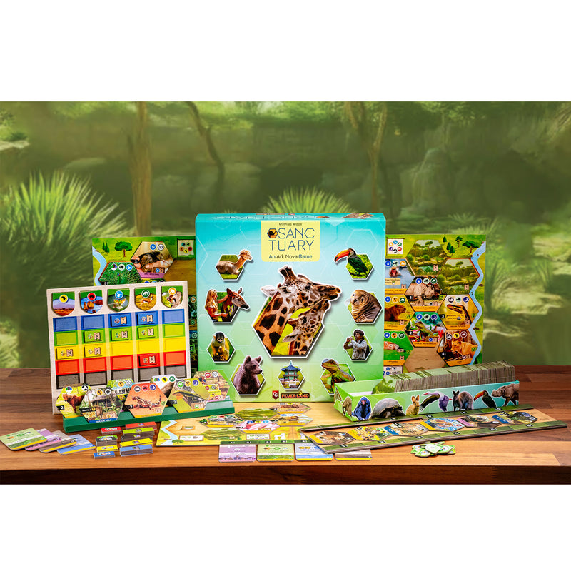 Load image into Gallery viewer, Sanctuary Board Game - box and game components displayed including game board, card storage box, and game tiles. 
