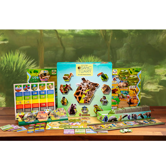 Sanctuary Board Game - box and game components displayed including game board, card storage box, and game tiles. 