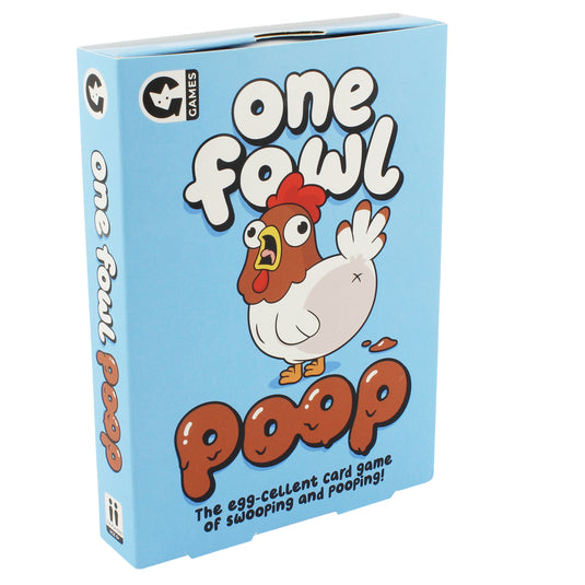 One Fowl Poop Card Game - front of box featuring illustration of a chicken.