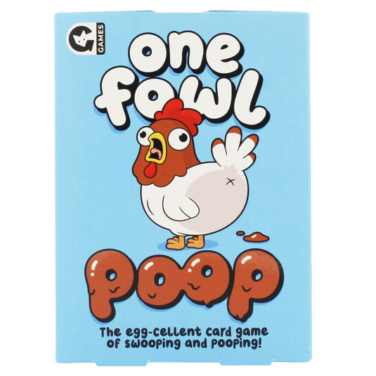 One Fowl Poop Card Game - front of box featuring illustration of a chicken.