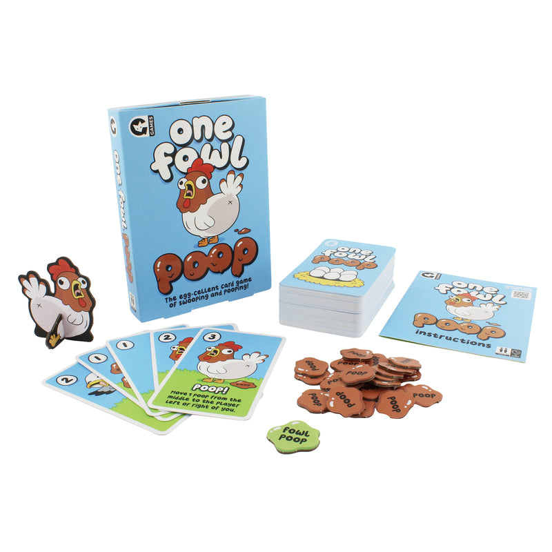Load image into Gallery viewer, One Fowl Poop Card Game - box and sample components shown including cards, poop tokens, and rooster standee.
