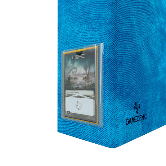 Prime D-Ring-Binder Blue - Clear card holder on outside of binder displayed with sample card inside.