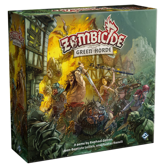 Zombicide Green Horde Board Game - Front of box with art of warriors fighting off zombies. 