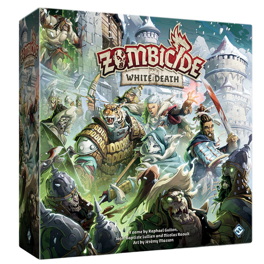 Zombicide White Death - Front of box featuring art of medieval characters fighting zombies.