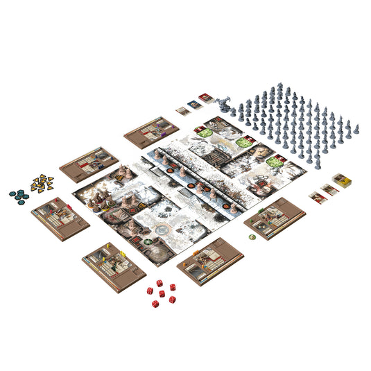 Zombicide White Death - View of setup game including game boards and miniatures.