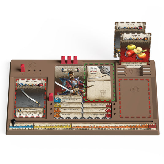 Zombicide White Death - View of player board with character card and item cards.