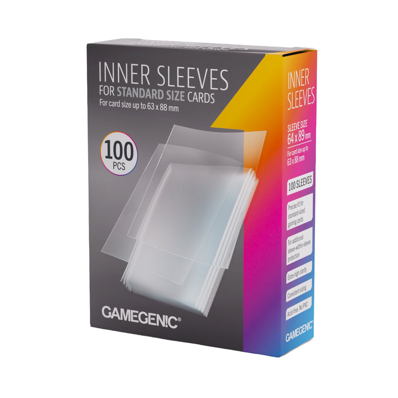 Load image into Gallery viewer, Inner Sleeves 64x89 - front of packaging with images of clear card sleeves for cards sized up to 63 x 88 mm.
