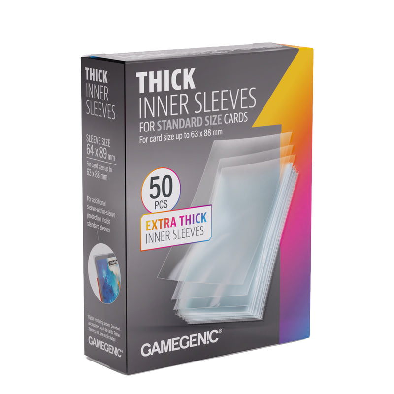 Load image into Gallery viewer, Thick Inner Sleeves 64 x 89 - front of packaging with images of clear card sleeves.
