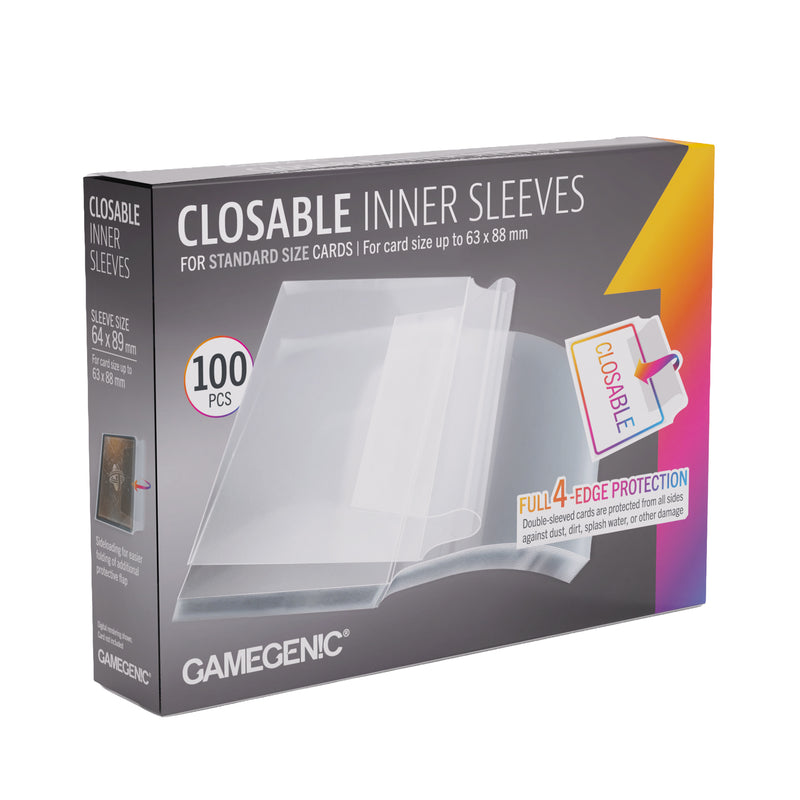 Load image into Gallery viewer, Closable Inner Sleeves 64x89 - front of packaging with sleeve size listed as 64 x 89 mm and images of clear card sleeves.
