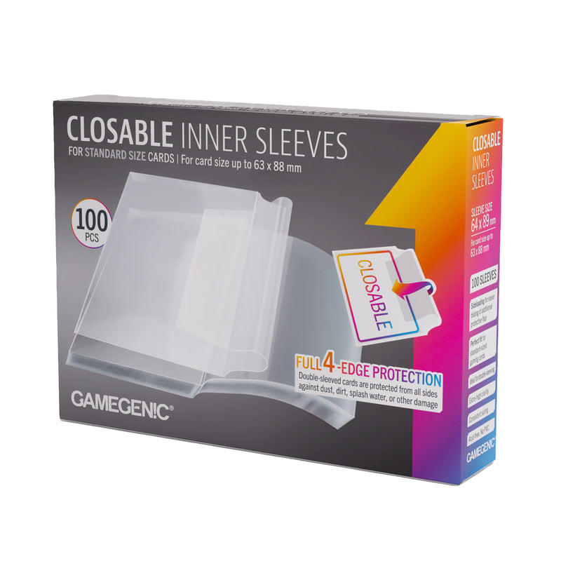 Load image into Gallery viewer, Closable Inner Sleeves 64x89 - front of packaging with sleeve size listed as 64 x 89 mm and images of clear card sleeves.
