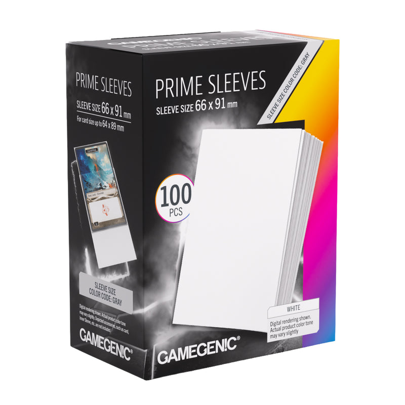 Load image into Gallery viewer, Prime Sleeves White 66 x 91 mm - front of packaging with images of white card sleeves. 
