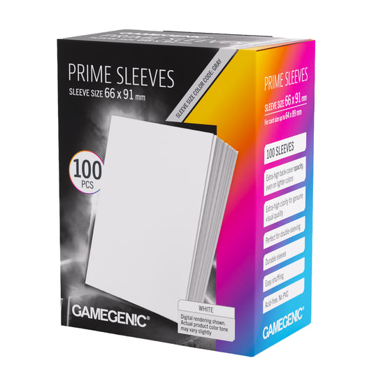 Prime Sleeves White 66 x 91 mm - front of packaging with images of white card sleeves. 