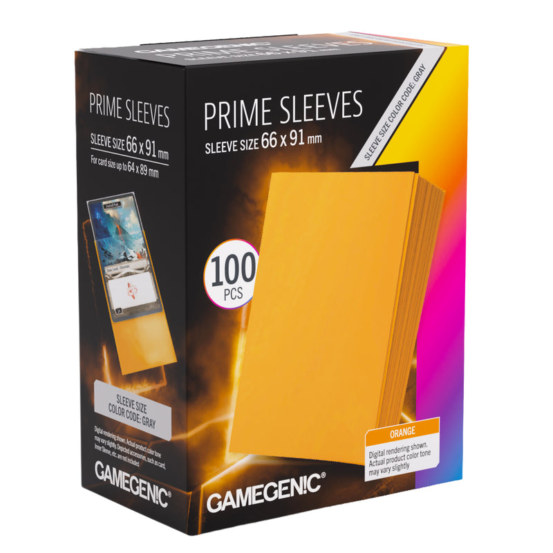 Load image into Gallery viewer, Prime Sleeves Orange 66x91 - Front of packaging with images of orange card sleeves.

