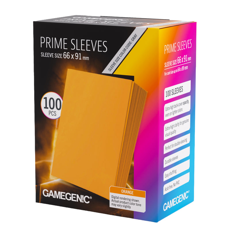 Load image into Gallery viewer, Prime Sleeves Orange 66x91 - Front of packaging with images of orange card sleeves.
