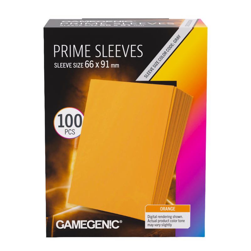 Load image into Gallery viewer, Prime Sleeves Orange 66x91 - Front of packaging with images of orange card sleeves.
