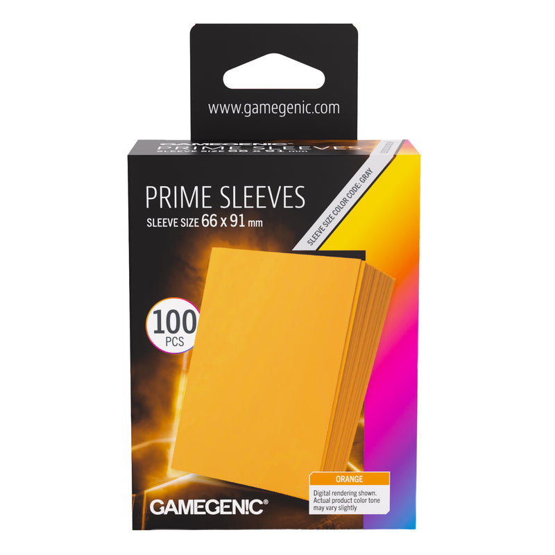 Load image into Gallery viewer, Prime Sleeves Orange 66x91 - Front of packaging with images of orange card sleeves.
