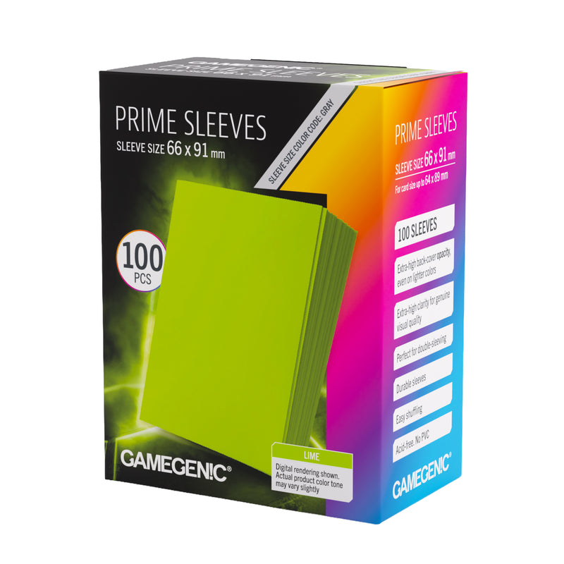 Load image into Gallery viewer, Prime Sleeves Lime 66x91 mm - front of packaging with images of lime green card sleeves.
