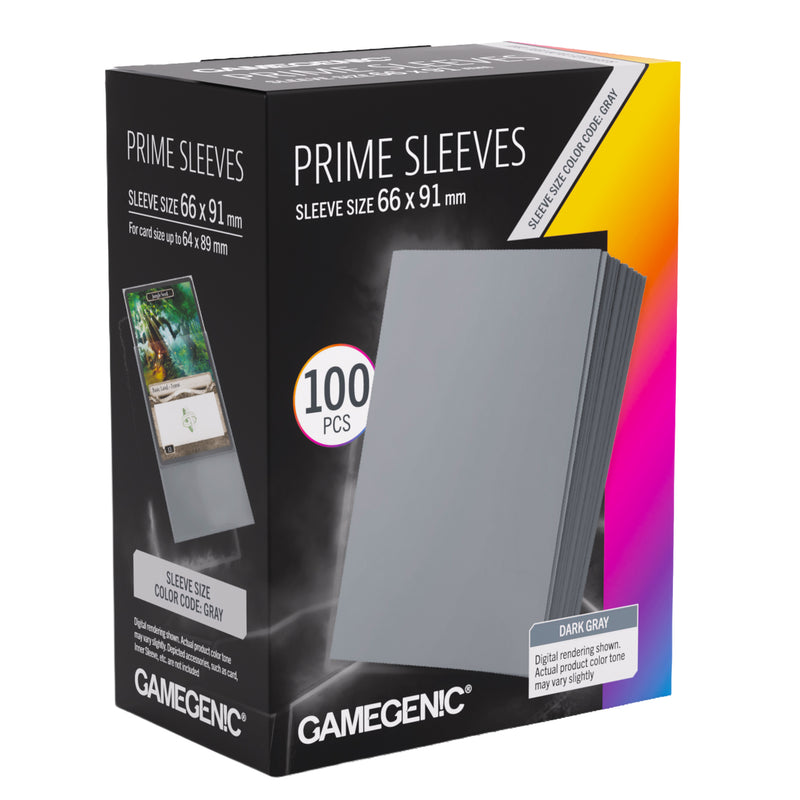 Load image into Gallery viewer, Prime Sleeves Dark Gray 66x91 - Front of packaging with images of gray card sleeves. 
