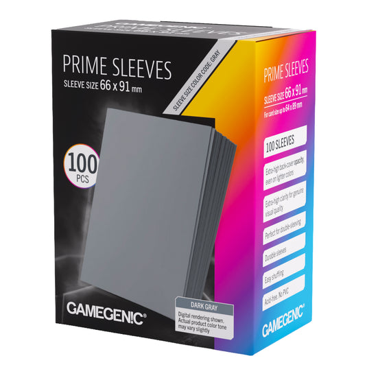 Prime Sleeves Dark Gray 66x91 - Front of packaging with images of gray card sleeves. 
