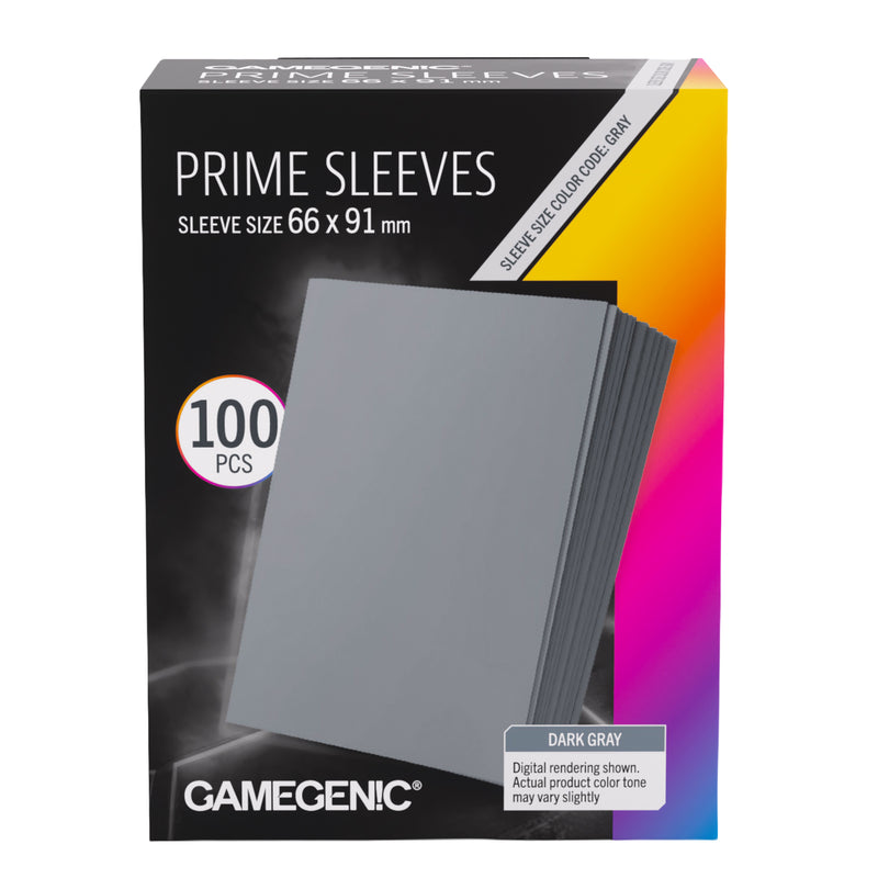 Load image into Gallery viewer, Prime Sleeves Dark Gray 66x91 - Front of packaging with images of gray card sleeves. 
