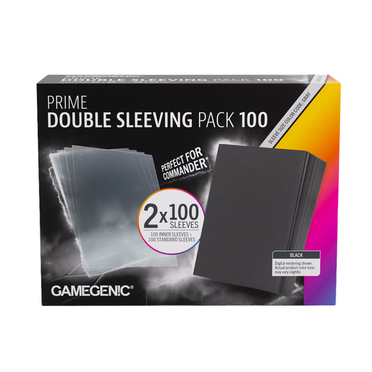 Prime Double Sleeving Pack 100 66x91 - front of packaging with images of clear and black card sleeves.