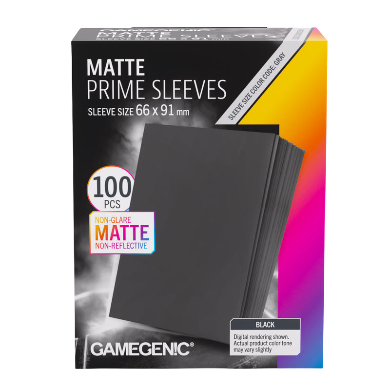 Load image into Gallery viewer, Matte Prime Sleeves Black 66x91 mm - Front of packaging with images of black matte card sleeves.
