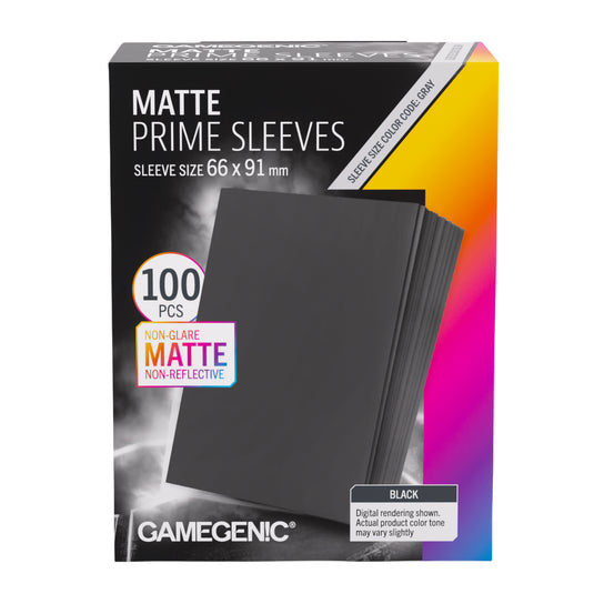 Matte Prime Sleeves Black 66x91 mm - Front of packaging with images of black matte card sleeves.