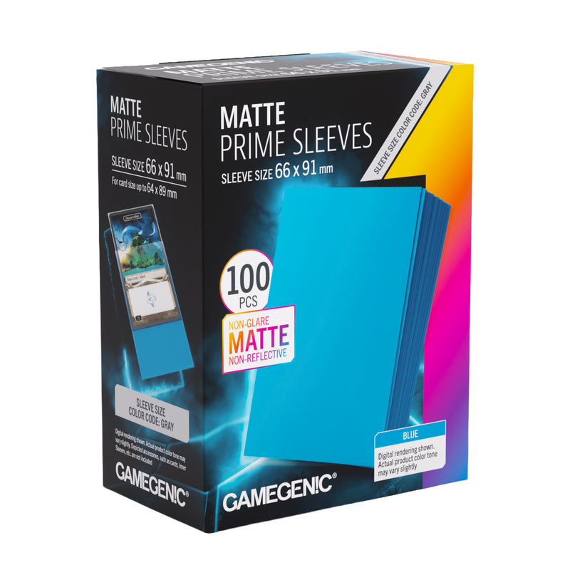 Load image into Gallery viewer, Matte Prime Sleeves Blue 66x91 mm - front of packaging with images of blue card sleeves.
