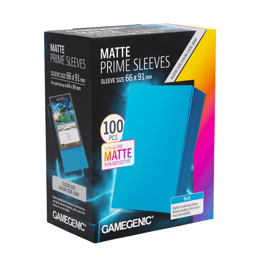 Matte Prime Sleeves Blue 66x91 mm - front of packaging with images of blue card sleeves.
