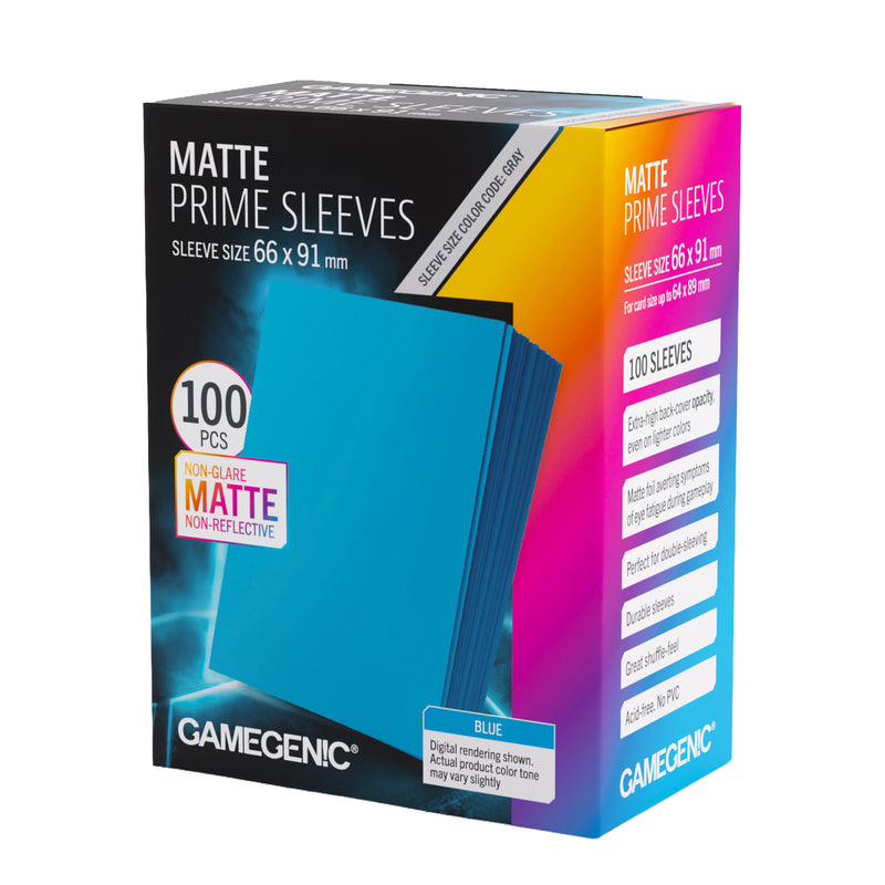 Load image into Gallery viewer, Matte Prime Sleeves Blue 66x91 mm - front of packaging with images of blue card sleeves.
