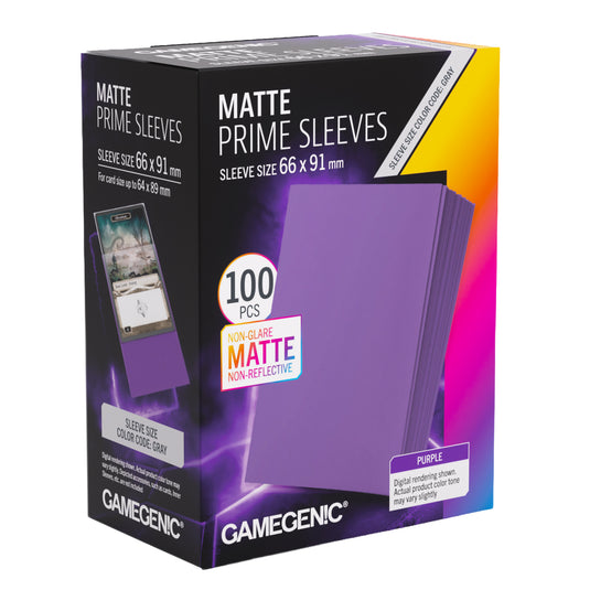 Gamegenic Matte Prime Sleeves in purple, shown in its retail packaging box. The box is black with purple, yellow, and pink graphic accents, indicating a pack of 100 non-glare matte sleeves, 66 x 91 mm size.