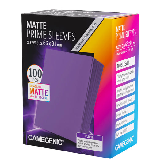 Gamegenic Matte Prime Sleeves in purple, shown in its retail packaging box. The box is black with purple, yellow, and pink graphic accents, indicating a pack of 100 non-glare matte sleeves, 66 x 91 mm size.