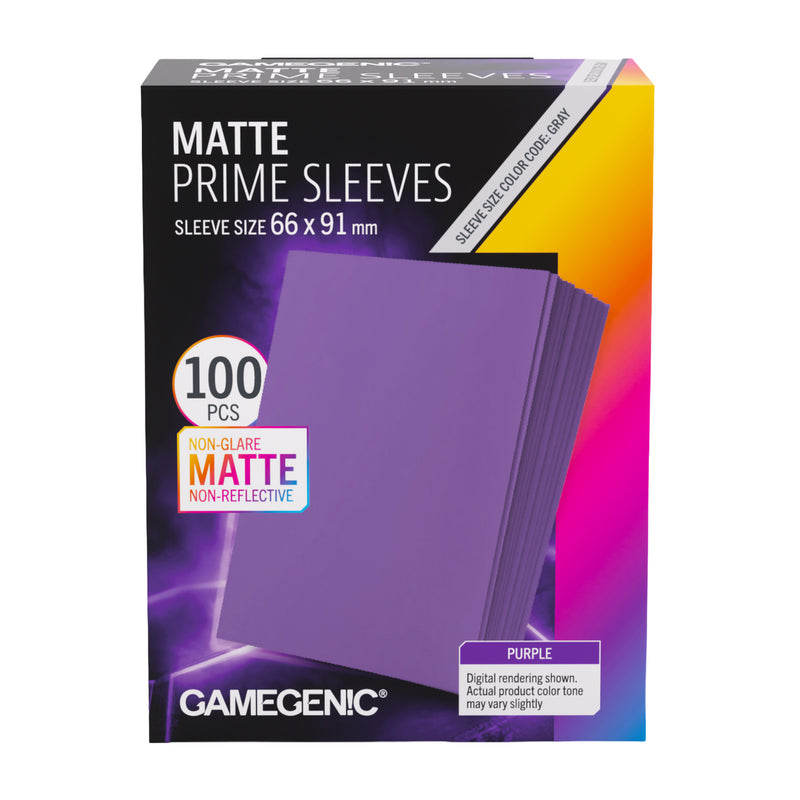Load image into Gallery viewer, Gamegenic Matte Prime Sleeves in purple, shown in its retail packaging box. The box is black with purple, yellow, and pink graphic accents, indicating a pack of 100 non-glare matte sleeves, 66 x 91 mm size.
