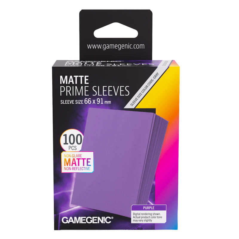 Load image into Gallery viewer, Gamegenic Matte Prime Sleeves in purple, shown in its retail packaging box. The box is black with purple, yellow, and pink graphic accents, indicating a pack of 100 non-glare matte sleeves, 66 x 91 mm size.

